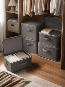 Foldable Linen Texture Fabric Storage Box With Zipper Lid, Dustproof Collapsible Clothes Organizer Bin With Reinforced Handle, Stackable Closet Storage Container For Garments, Bedding & Household Sundries - Grey - View 1