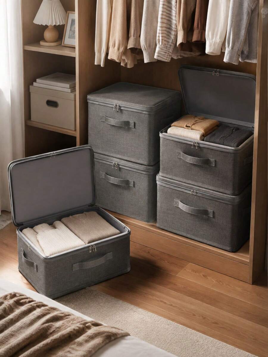 Foldable Linen Texture Fabric Storage Box With Zipper Lid, Dustproof Collapsible Clothes Organizer Bin With Reinforced Handle, Stackable Closet Storage Container For Garments, Bedding & Household Sundries - Grey - View 1