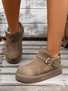Solid Color Metal Buckle Strap Faux Suede Platform Slip‑On Low‑Top Winter Snow Boots Women - Khaki - View 5
