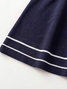 Baby Girl Colorblock Lapel Long Sleeve Patchwork Ruffle Cute Knit Dress - Blue - View 7