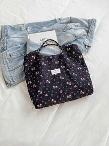 Vintage Fashion Floral Pattern Tote Bag, Korean Style Casual Large Capacity Shoulder Bag, Suitable For Women Travel And Vacation - Black - View 7
