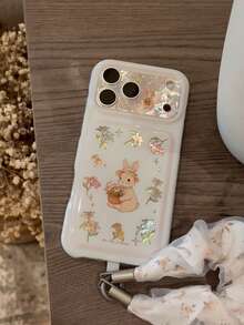 Sött mobilskal i koreansk Ins-stil med paljetter, guldblomma och kanin, kompatibelt med 18 Pro Max, Apple 17 Pro, 15, 16, 17, 18, stort fönster, damers sött stötsäkert skyddande skal - Vitt - Visa 2