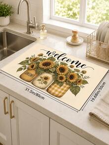 1pc Sunflower Pattern Printed Diatomaceous Earth Kitchen Dish Drying Mat, Absorbent Dish Drying Mat, Coffee Machine Mat, Dishwashing Mat, Sink Mat, Kitchen Countertop Protector, Suitable For Cups, Plates, Tableware And Kitchen Decor - Multicolor - View 12