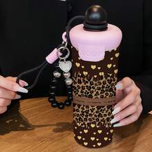 1PC 600ML Stainless Steel Thermal Cup With Leopard Print Label, Checkered Rabbit, And Checkered Little Bear Patterns, Double-Use Coffee Cup, Portable Straw Cup, Lanyard Thermal Cup, Suitable For Office, School, Or As A Gift For Holidays/Birthdays - Multicolor - View 1