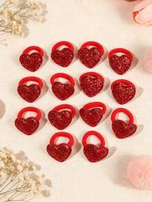 12Pcs/Set Red Glitter Heart Pet Hair Ties, Cute Elastic Hair Bands Puppy Dog Cat Hair Accessories, No‑Hurt Pet Ponytail Holder For Small Pets - Multicolor - View 2