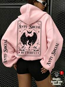 Monster Letter Print Pattern Sweatshirt, Plus Size Women's Casual Autumn/Winter Long Sleeve Pocket Hooded Sweatshirt Pink - Pink - View 1