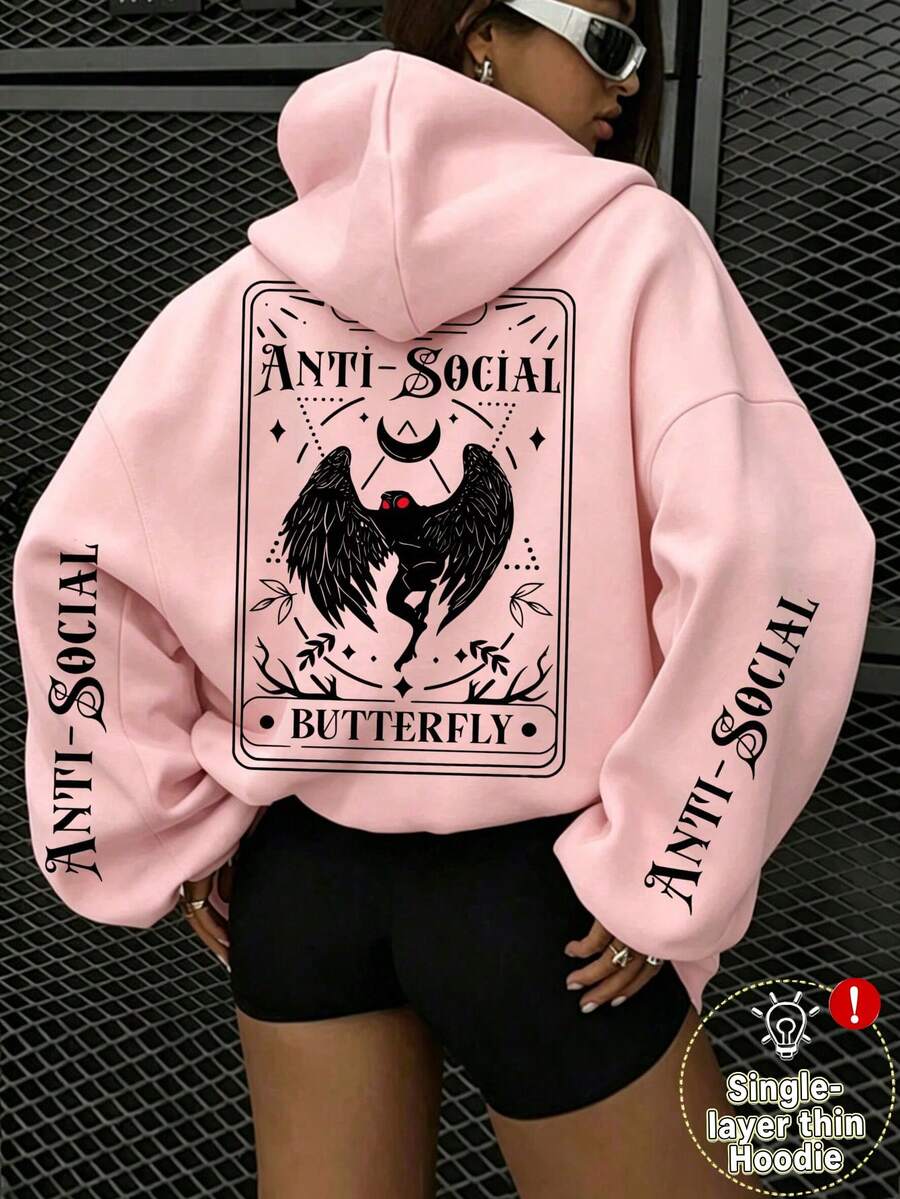 Monster Letter Print Pattern Sweatshirt, Plus Size Women's Casual Autumn/Winter Long Sleeve Pocket Hooded Sweatshirt Pink - Pink - View 1