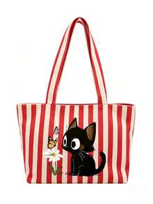 Ladies' Striped Canvas Handbag And Makeup Bag, Cute Casual Style, Floral Kitten Print, Large Capacity Shoulder Bag, Casual Striped Handbag, Work - Multicolor - View 14