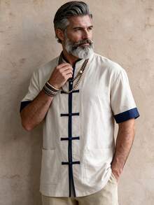 GOLDREDY Men's Retro Button-Down Short Sleeve Shirt, Summer Loose Breathable Chinese Collar Color Block Casual Shirt - Khaki - View 2