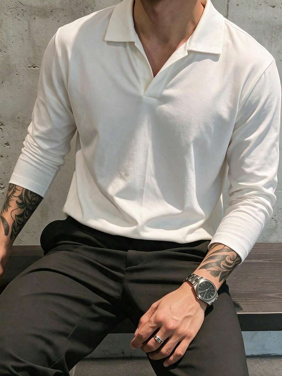 Men's Seagull Collar Loose Long Sleeve Polo Shirt, Casual All-Match Style, Versatile Everyday Top - White - View 1