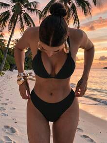 Summer New Two Pieces Swimwear Sweet Solid Color Tie Spaghetti Strap Bikini Beach Vacation Style Swimwear Set 2pcs Black - Black - View 2