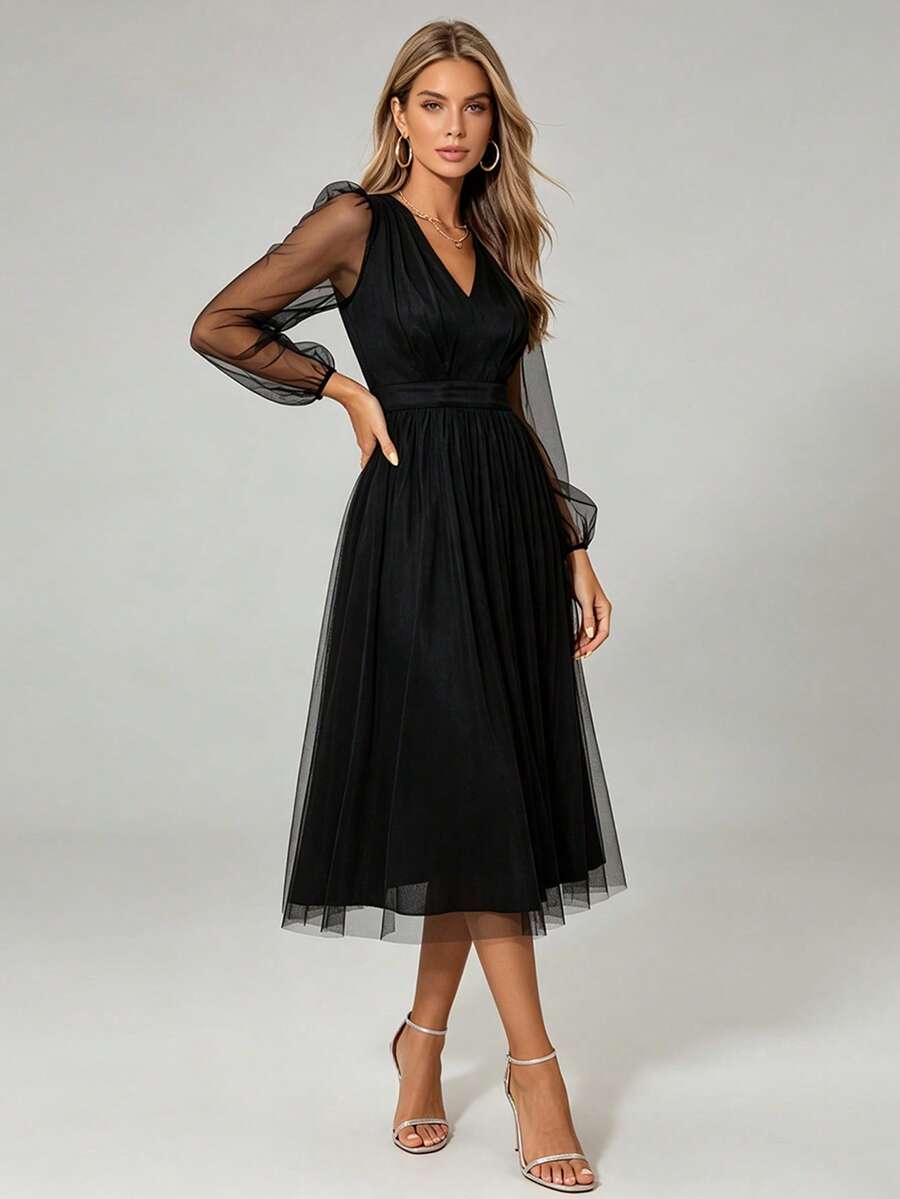 Joyfunear Lantern Sleeve Mesh Overlay Dress, Semi Formal Dress Black Spring Elegant - Black - View 1