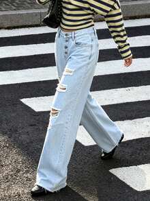 Women's Distressed Flare Leg Casual Wide Leg Jeans - Light Wash - View 2