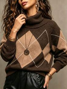 Plus Size Casual Fashion Colorblock Argyle Long Sleeve Knit Pullover Sweater - Brown - View 5