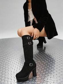 Women Knee High Boots Pull On Buckle Strap Block Heel Round Toe - Black - View 8