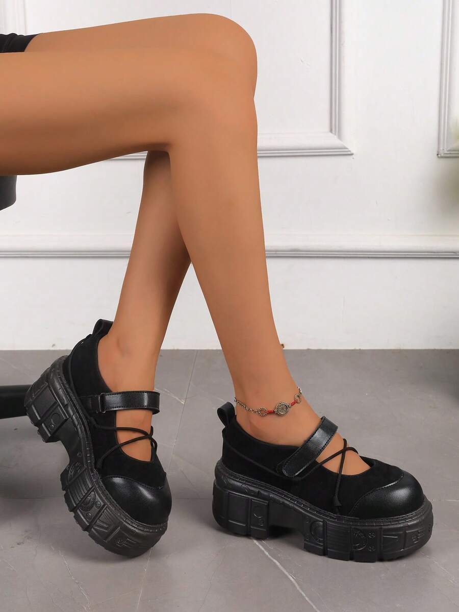 Women's Wedge Heel Thick Sole Lace-Up Round Toe Punk Casual Shoes - Black - View 1