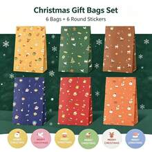 6pcs Christmas Gift Bags - Santa Claus, Snowflake, Reindeer Pattern Kraft Paper Bags With Stickers, Holiday Party Gift Bags, Suitable For Classroom, Gift Wrapping And Winter Celebrations - View 7