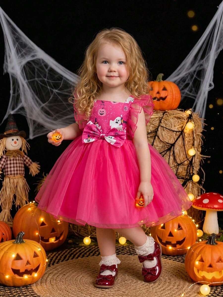 Gaun Putri Organza Merah Mawar untuk Pesta Halloween Bayi Perempuan, Cocok untuk Pesta. - Hot Pink - View 1