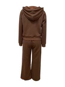 Autumn And Winter Color Blocked Hooded Sweatshirt, Side Striped Straight Leg Pants Set, Travel Casual Daily Suit - Brown - View 2