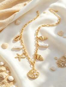 1pc Summer Beach Vacation Style Shell Starfish Faux Pearl Necklace, Niche High-End Multi-Layer Stacked Collarbone Chain Jewelry - Gold 3 - View 5