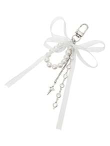 Girls Faux Pearl Bow Keychain, White Ribbon/Silver Heart & Star Rhinestone Charm Key Ring, Sweet Y2K Aesthetic Bag Pendant Accessories For Youth - Multicolor - View 9