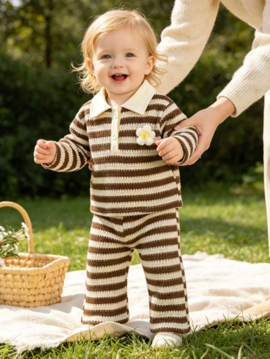 2pcs Baby Girl Vintage Brown Polo Collar Knit Striped Long Sleeve Top And Wide Leg Pants Set, Lightweight For Spring And Autumn - Mocha Brown - View 1