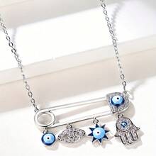 Vanel 1pc Fashionable Unique Necklace, Evil Eye And CZ Safety Pin Design, Fashionable Unique Accessory For Daily Wear - Silver-white - View 1