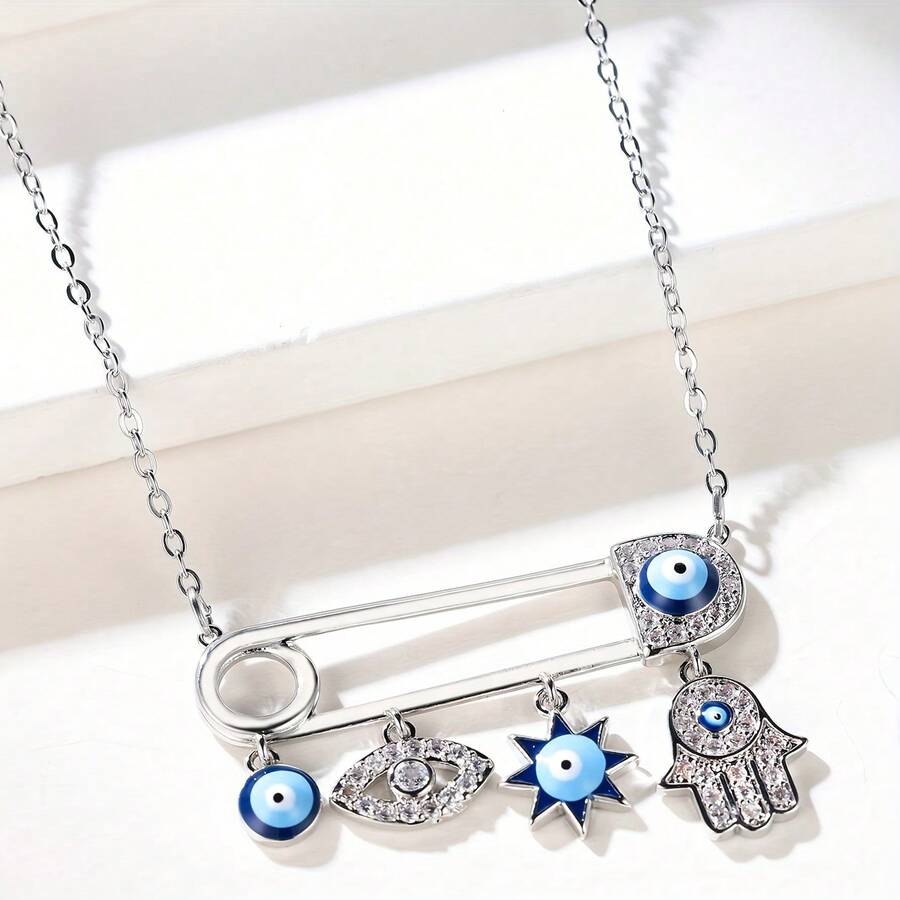 Vanel 1pc Fashionable Unique Necklace, Evil Eye And CZ Safety Pin Design, Fashionable Unique Accessory For Daily Wear - Silver-white - View 1