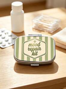 2D Flat Printing, Vintage Yellow And White Striped Creative Mood Slogan Pattern Square Small Pillbox, Two-Compartment Portable Storage Case, Pocket-Sized Container For Small Items, Accessories, Medicine, And Vitamins, Only Empty Bag - Multicolor - View 5