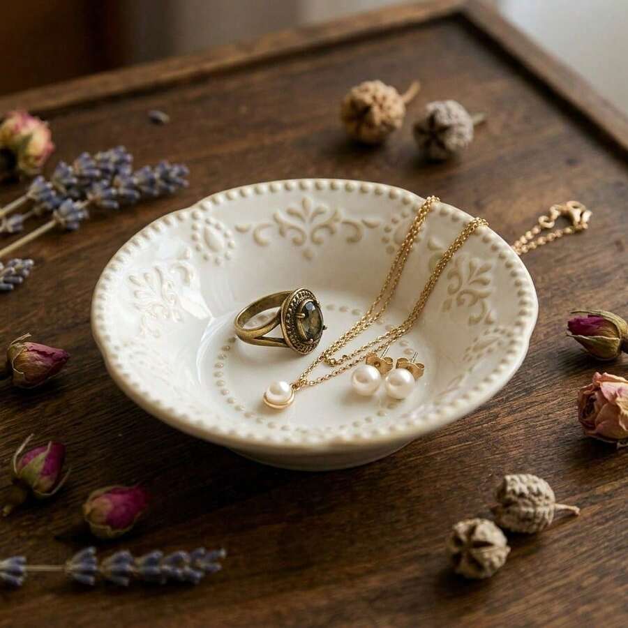 1 buah/3 buah Baki Perhiasan Keramik Timbul Vintage Eropa, Ukuran 4,25 Inci, Warna Putih Krem & Pola Bunga Emas, Cocok untuk Menyimpan dan Memajang Cincin, Anting, Kalung, Dekorasi Kamar Tidur dan Hadiah untuk Wanita