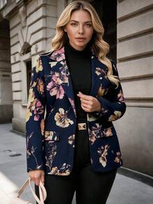 HOMEYEE Floral Print Long Sleeve Blazer Jacket With Pockets, Vintage Elegant Casual Suitable For All Seasons, Plus Size Vacation Fall - Navy Blue - View 2