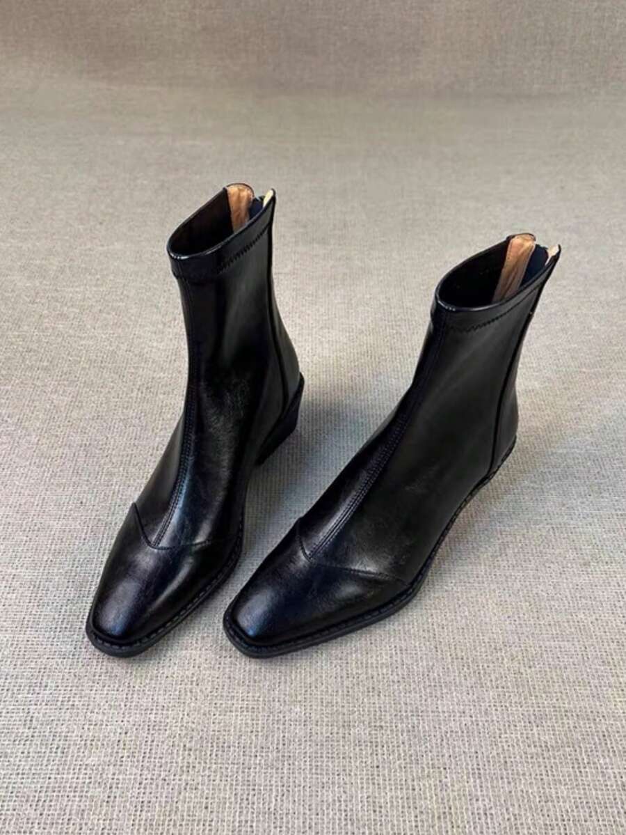 Plus Size Women's Square Toe Chunky Heel Ankle Boots, Back Zipper Stitching Detail Fashion Ankle Boots, Minimalist Retro High Heel Boots Suitable For Daily Commute, Date, Autumn/Winter Outfits - Black - View 1