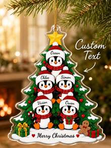 1pc Personalized Penguin Family Decor, Customized Name Christmas Gift, 5-Person Family Keepsake, Winter Holiday Tree Ornament, Christmas Tree Decoration, Christmas Gift - Green - View 1