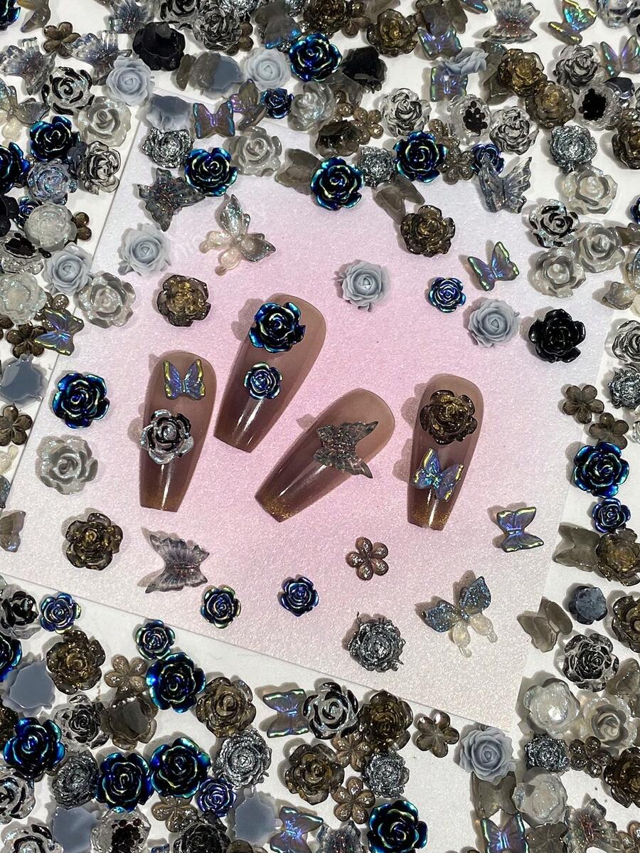 30pcs/100pcs Dark Series 3D Rose Nail Art Kit With Glitter Butterfly Camellia Nail Decorations Accessories - Multicolor - View 1