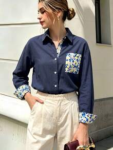 Women's Chic Long Sleeve Button Front Shirt With Floral Pocket, Woven Fabric Regular Fit Shirt Collar Blouse With Floral Trim Cuffs Spring Fall Winter - Navy Blue - View 4