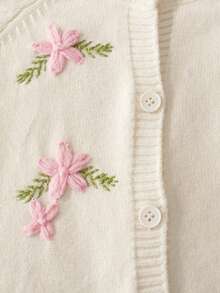 Girls' Elegant Solid Color Embroidered Round Neck Raglan Sleeve Knit Cardigan, Suitable For Daily Casual Wear And Vacation, Spring, Autumn, Winter - Apricot - View 4