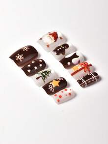 Premium Wearing Experience,10Pcs Short Square Press‑On Nails Kit,Cartoon Embossed Santa Gingerbread Man X‑Mas Tree Gift Snowflake,Reusable,With Jelly Glue & Nail File,For Women Holiday Party Daily Wear - Multicolor - View 3