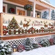 1pc Winter Christmas Theme Garden Sign Banner, Polyester, Reindeer Christmas Tree, Gift Sleigh, Snowy Ground Cabin Background. Suitable For Garden Fences, Patios, Walls, Christmas Parties, Etc. - A - View 4