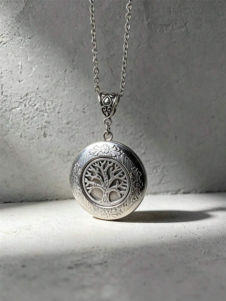 Vintage Elegant Round Photo Frame Necklace, Antique Silver Tree Of Life Photo Frame Pendant, Elegant Women's Necklace, Made Of Non-Fading Stainless Steel Material, Unisex, Mother's Day, Birthday, Anniversary Gift - Bohemian Fashion Accessory