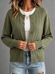 GIGOGOU Fashionable Autumn/Winter Women's Loose Casual Knitted Ribbed Cardigan Long Sleeve Sweater Jacket, Simple And Comfortable - Green - View 5