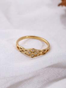1pc Stainless Steel 18K Gold Plated Hollow Intertwined Rhinestone Thin Closed Ring, Gentle And Elegant, Suitable For Shirts, Dresses, Daily Wear, Niche Design Hand Accessory - Openwork Interwoven Rhinestone Ring - View 3