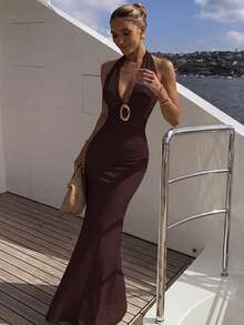 Perirose Women's Brown Elegant Halter Neck Backless Deep V-Neck Ring Detail Fitted Maxi Dress, Suitable For Summer Autumn Vacation, Wedding Guest, Cocktail Party, Nightclub Gathering - Brown - View 5