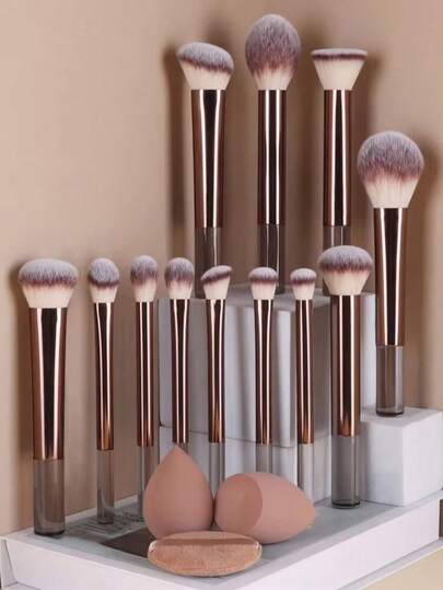15pcs Makeup Brush Set, Including Powder Brush, Blush Brush, Highlighter Brush, Eyeshadow Brush, Mascara Brush, Eyeliner Powder, Beveled , Round Head , Round Powder Puff, Triangular Powder Puff, Triangular Sponge For Loose