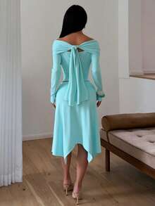Women's Long Sleeve V-Neck Tie Front 2 Pieces Set - Teal - View 7
