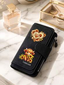 Printed Pu Wallet With Scottish Highland Bull Hug Sunflower And Leopard Print Heart-Shaped Floral Pattern, Can Be Used As A Wallet, Card Bag, Handbag, And Multifunctional Storage Bag. It's The Perfect Gift For Birthdays, Thanksgiving, And Christmas,Travel Essential - Multicolor - View 3