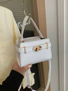 1pc Mini Solid Color Embroidered Pressed Crocodile Texture Square Bag With Turn Lock Flap, Essential Handbag, Shoulder Bag, Crossbody Bag For Shopping And Travel - Multicolor - View 16