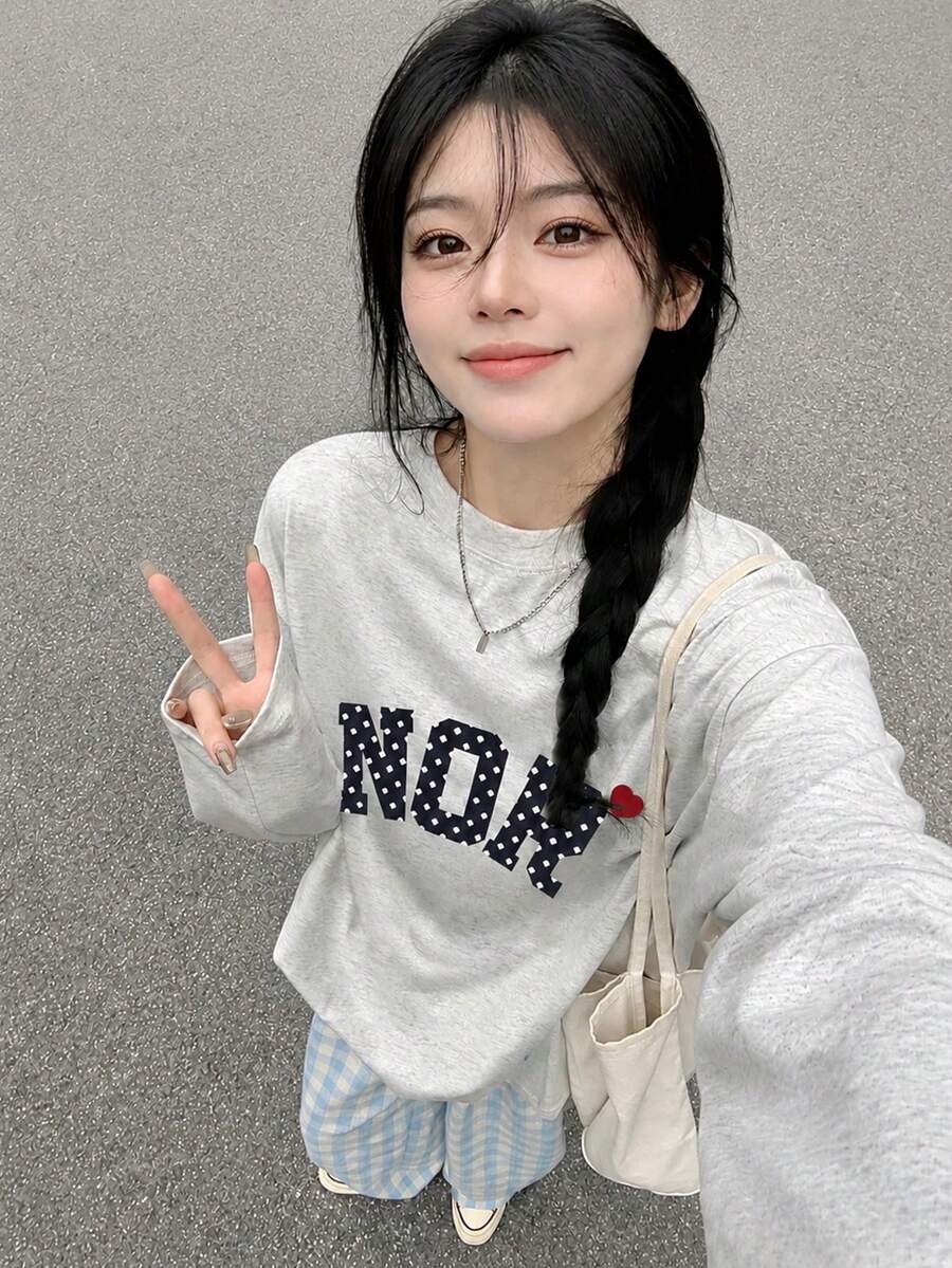 Women's Fashion Autumn/Winter Pure Cotton Loose Fit Versatile Letter & Cartoon Print Long Sleeve T-Shirt - Light Gray - View 1