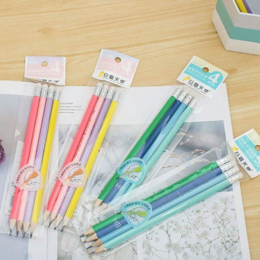 Triangular HB Pencil 4pcs Set, Macaron Colorful Pencil Body With Eraser Head, Corrective Grip Writing Pencil For Elementary Students, Student Stationery - Triangular Pencil - View 1