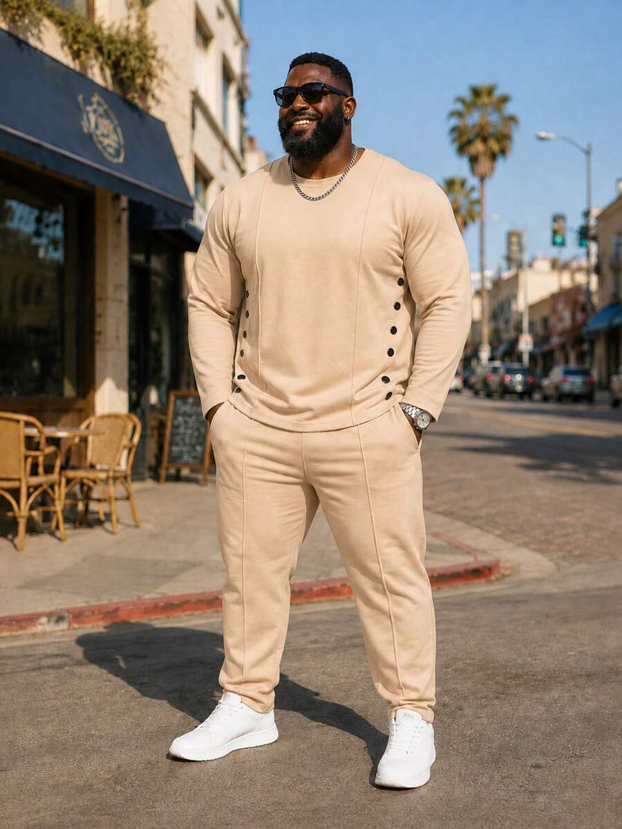 Men's Plus Size Pullover Sweatshirt Set, Autumn Solid Color Long Sleeve Pants 2 Pieces Set, Single-Breasted Design Casual Plus Size Men's Wear - Apricot - View 1