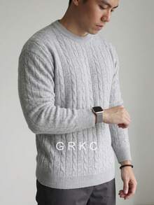 GRKC 中性休閒寬鬆極簡百搭純色粗針編織圓領套頭長袖毛衣，適合春秋冬季 - 灰色 - 查看 4